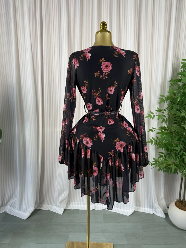 GLCMYAYA Women Floral Printed Ruffles Long Sleeve Wrap V-neck A-line Dress 2026 Birthday Vacation Street Beach Dresses Vestidos