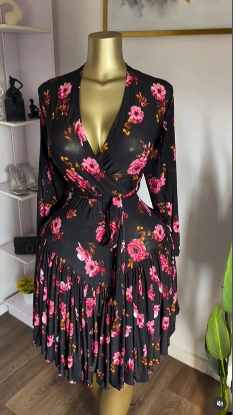 GLCMYAYA Women Floral Printed Ruffles Long Sleeve Wrap V-neck A-line Dress 2026 Birthday Vacation Street Beach Dresses Vestidos