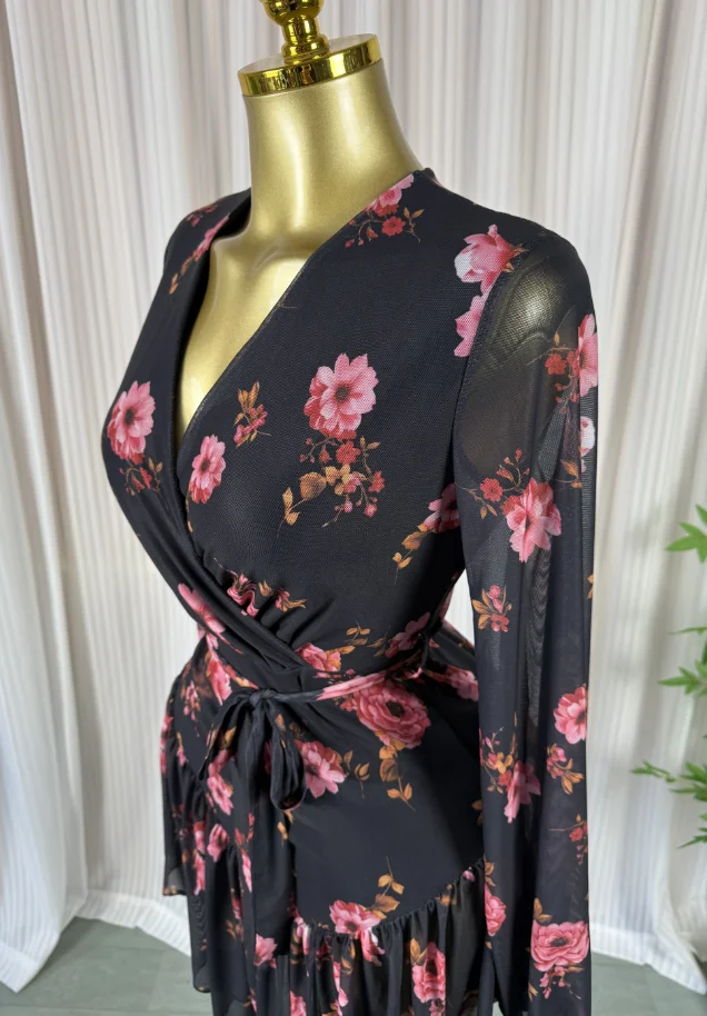 GLCMYAYA Women Floral Printed Ruffles Long Sleeve Wrap V-neck A-line Dress 2026 Birthday Vacation Street Beach Dresses Vestidos