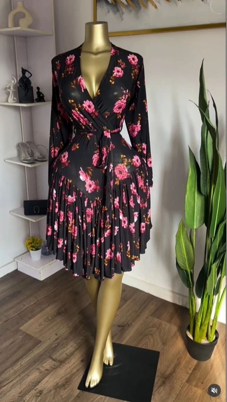 GLCMYAYA Women Floral Printed Ruffles Long Sleeve Wrap V-neck A-line Dress 2026 Birthday Vacation Street Beach Dresses Vestidos