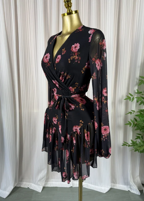 GLCMYAYA Women Floral Printed Ruffles Long Sleeve Wrap V-neck A-line Dress 2026 Birthday Vacation Street Beach Dresses Vestidos