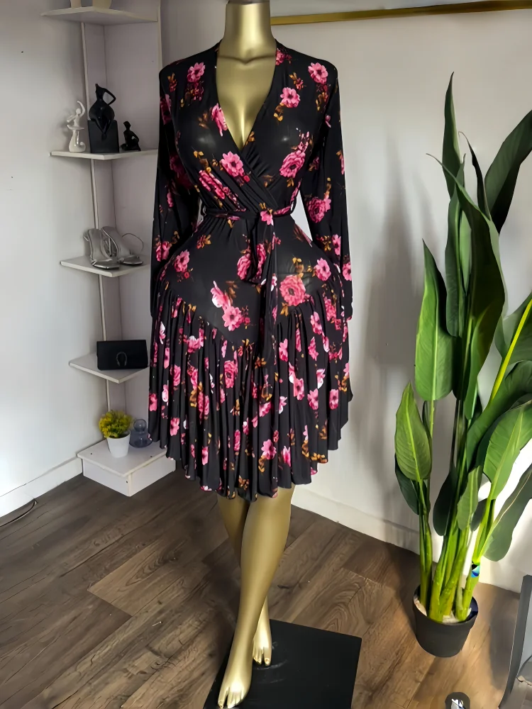 GLCMYAYA Women Floral Printed Ruffles Long Sleeve Wrap V-neck A-line Dress 2026 Birthday Vacation Street Beach Dresses Vestidos