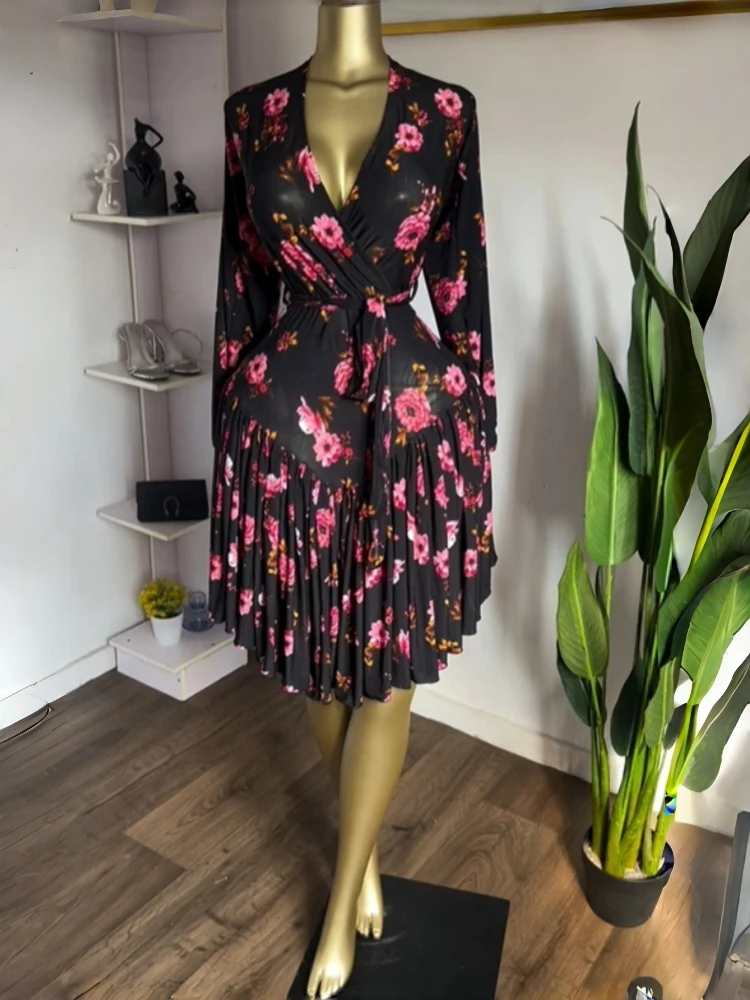 GLCMYAYA Women Floral Printed Ruffles Long Sleeve Wrap V-neck A-line Dress 2026 Birthday Vacation Street Beach Dresses Vestidos