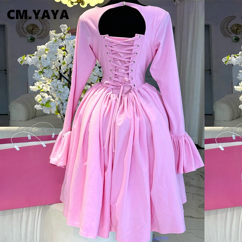 CM.YAYA 2025 Women O-neck Long Flare Sleeve Pleated Mini Midi Dress Backless Elegant Birthday Beach Night Party Vestidos Dresses