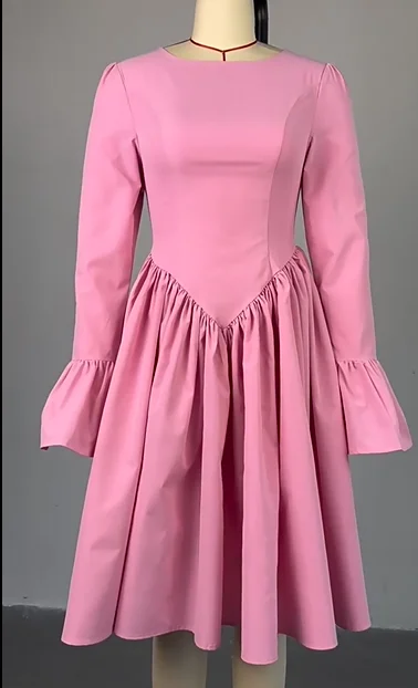 CM.YAYA 2025 Women O-neck Long Flare Sleeve Pleated Mini Midi Dress Backless Elegant Birthday Beach Night Party Vestidos Dresses