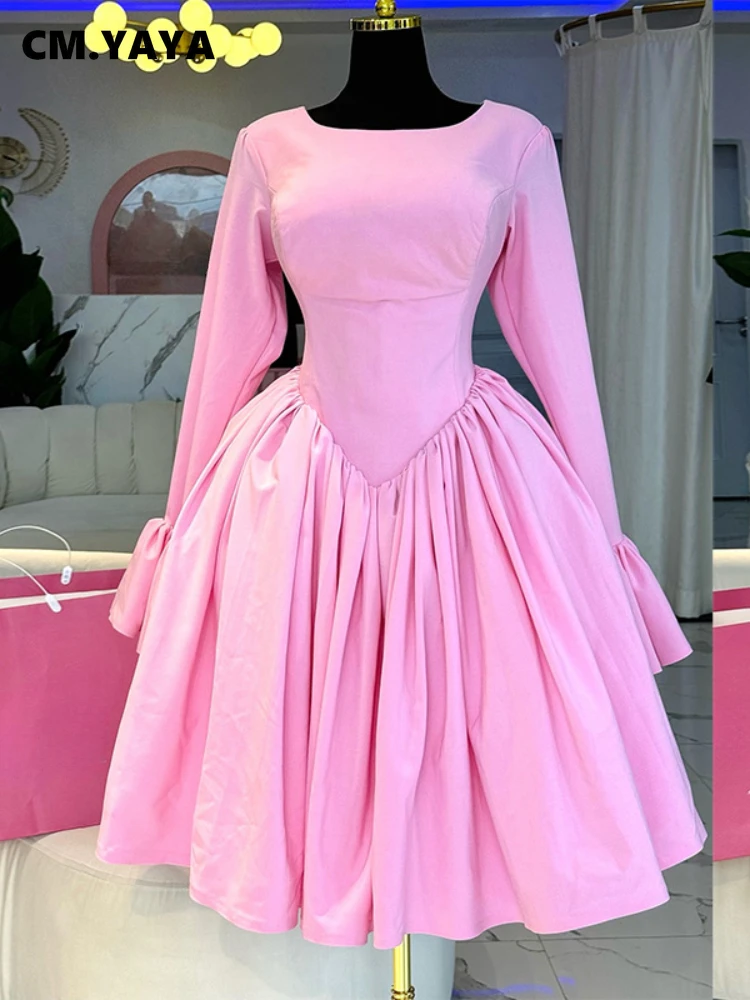 CM.YAYA 2025 Women O-neck Long Flare Sleeve Pleated Mini Midi Dress Backless Elegant Birthday Beach Night Party Vestidos Dresses