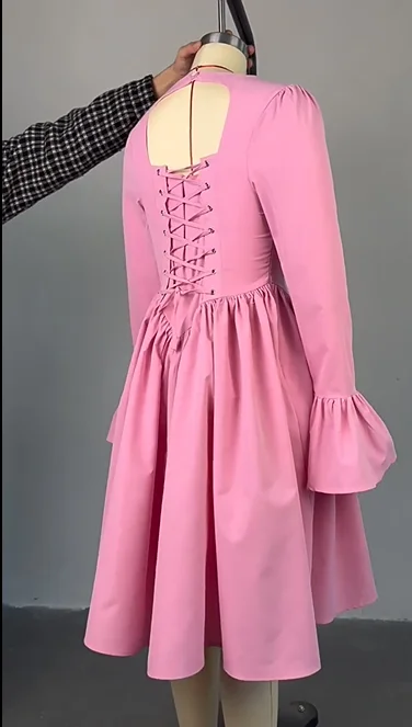 CM.YAYA 2025 Women O-neck Long Flare Sleeve Pleated Mini Midi Dress Backless Elegant Birthday Beach Night Party Vestidos Dresses