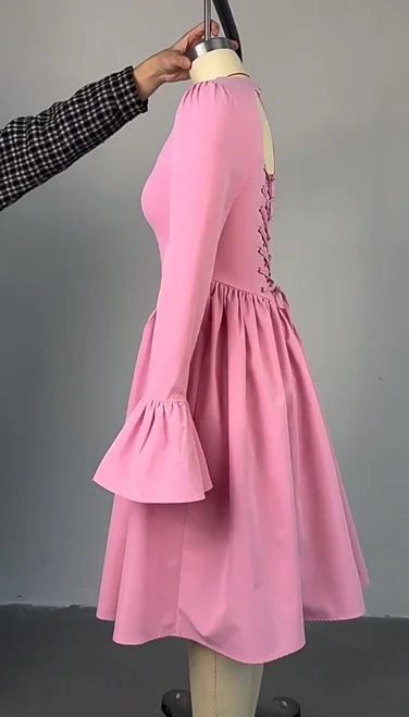 CM.YAYA 2025 Women O-neck Long Flare Sleeve Pleated Mini Midi Dress Backless Elegant Birthday Beach Night Party Vestidos Dresses