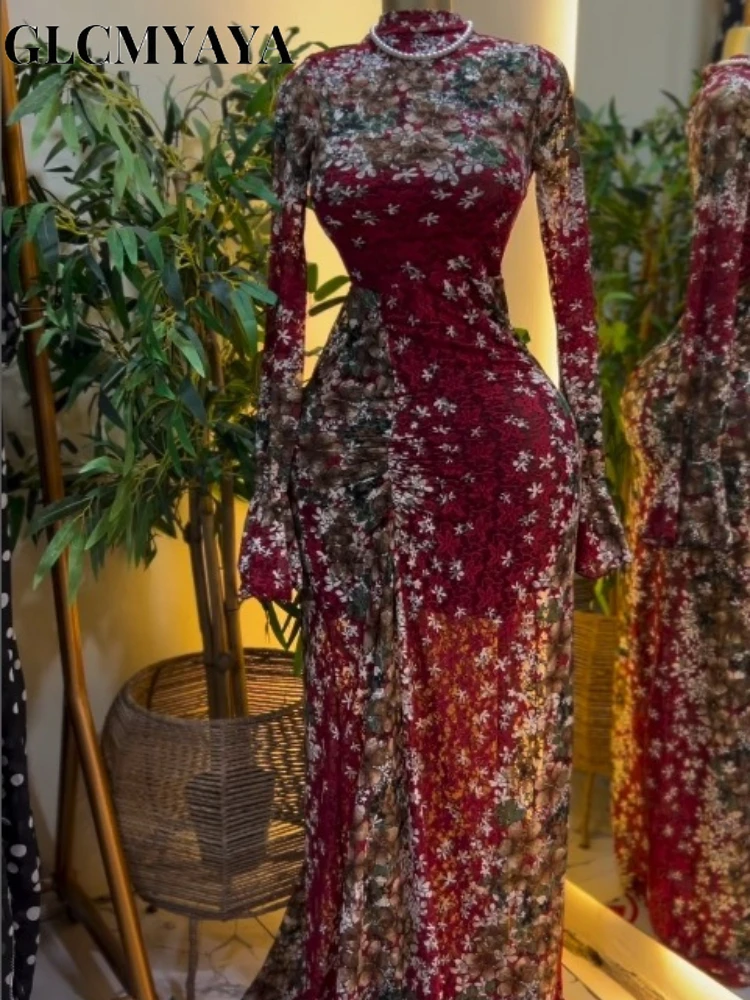 CM.YAYA Women Floral Print Colorblocked Flare Sleeve Stacked Ruched Midi Maxi Dress 2026 Parties Education Long Dresses Vestidos