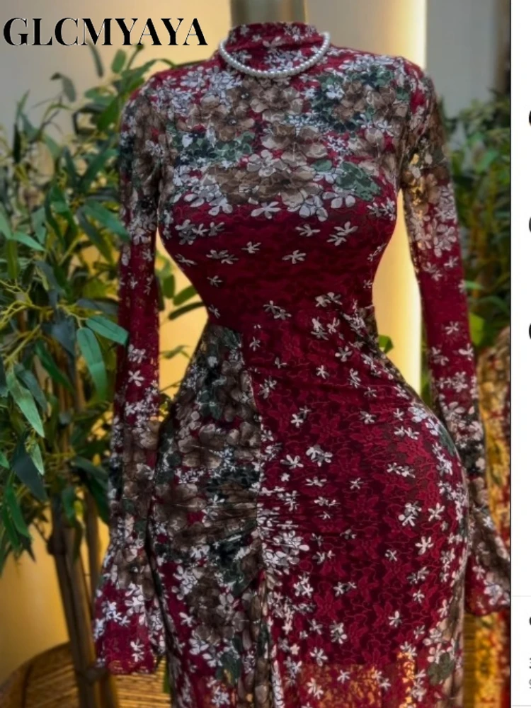 CM.YAYA Women Floral Print Colorblocked Flare Sleeve Stacked Ruched Midi Maxi Dress 2026 Parties Education Long Dresses Vestidos