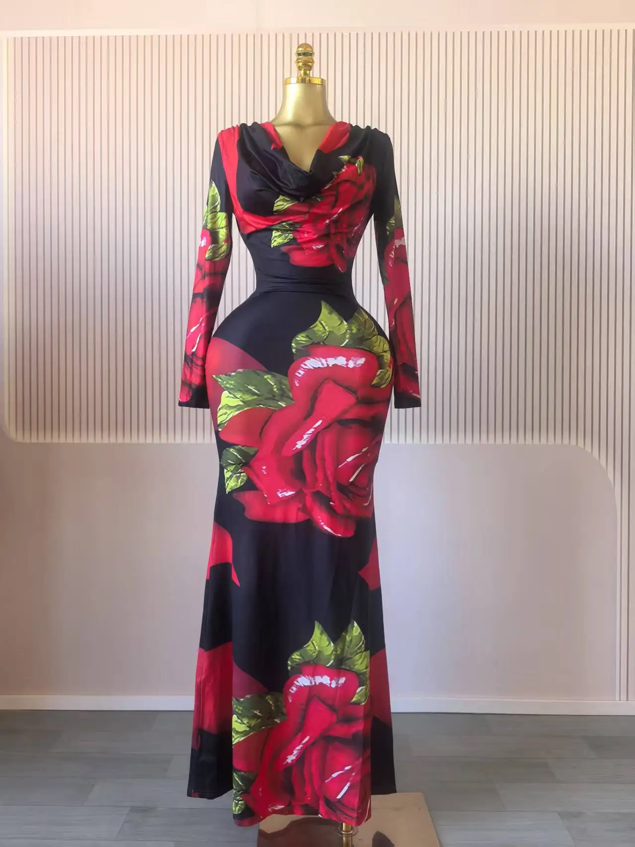 CM.YAYA Women Rose Printed Long Sleeve Pile Neck Bodycon Midi Maxi Long Dress 2025 Summer Birthday Vacation Sexy Party Dresses