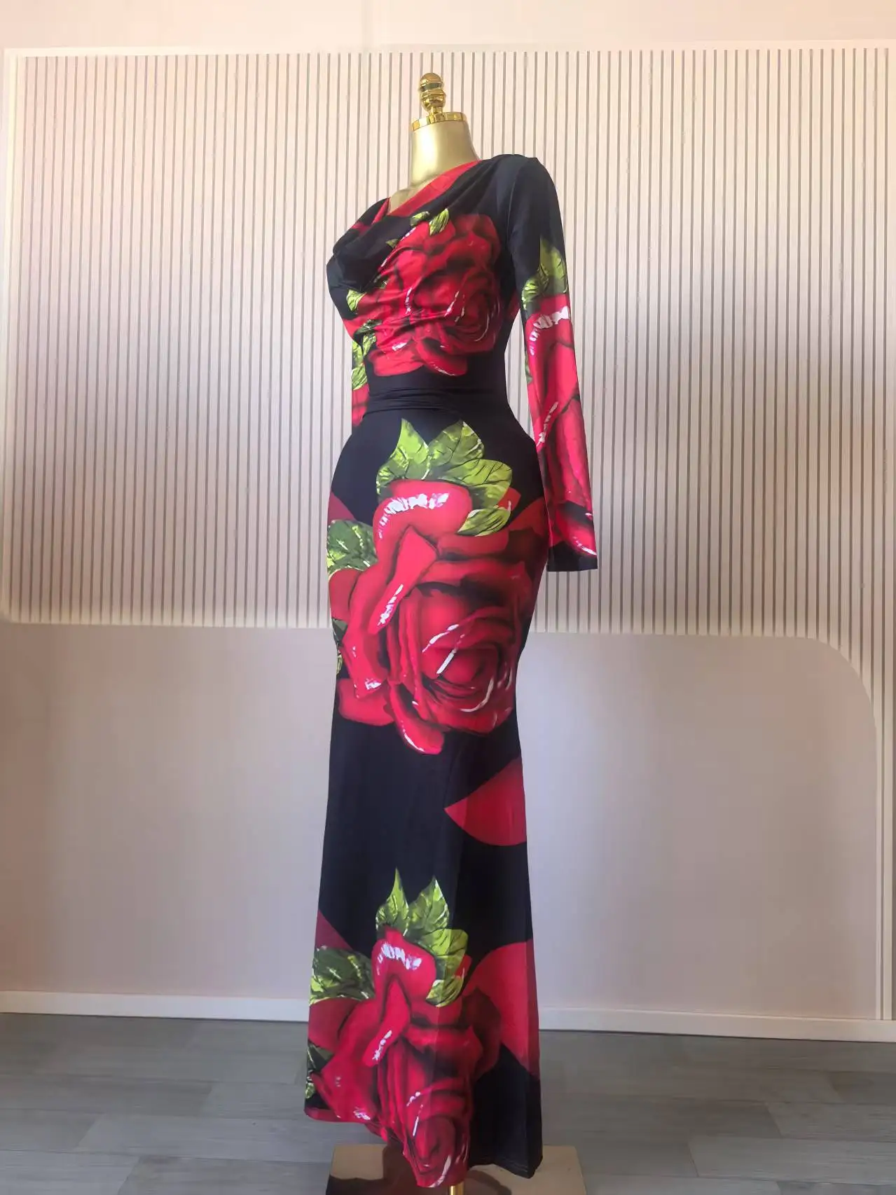 CM.YAYA Women Rose Printed Long Sleeve Pile Neck Bodycon Midi Maxi Long Dress 2025 Summer Birthday Vacation Sexy Party Dresses