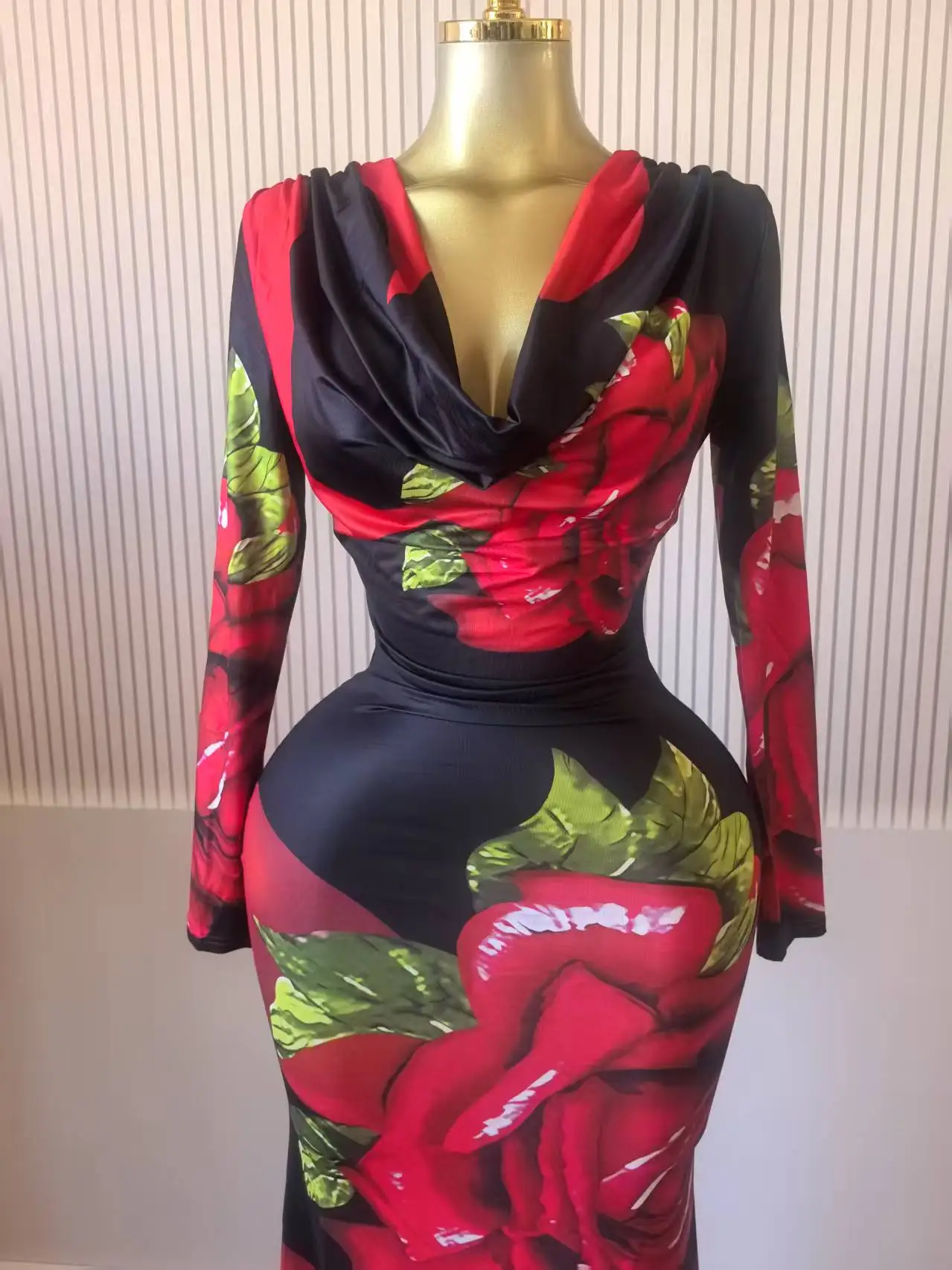 CM.YAYA Women Rose Printed Long Sleeve Pile Neck Bodycon Midi Maxi Long Dress 2025 Summer Birthday Vacation Sexy Party Dresses