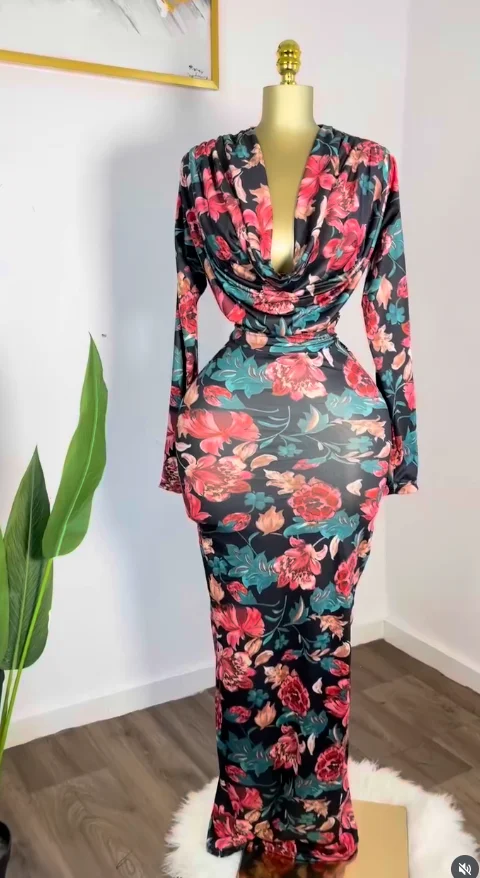 CM.YAYA Women Rose Printed Long Sleeve Pile Neck Bodycon Midi Maxi Long Dress 2025 Summer Birthday Vacation Sexy Party Dresses