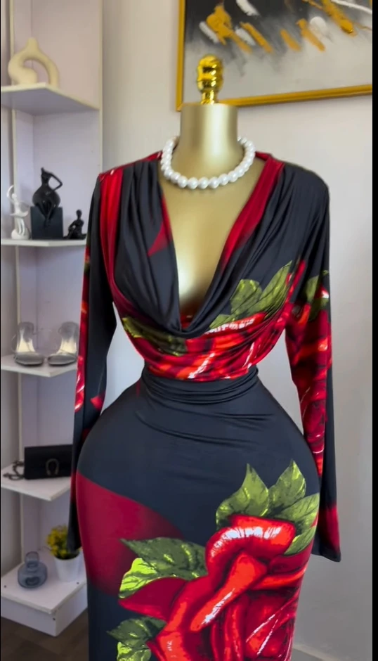 CM.YAYA Women Rose Printed Long Sleeve Pile Neck Bodycon Midi Maxi Long Dress 2025 Summer Birthday Vacation Sexy Party Dresses