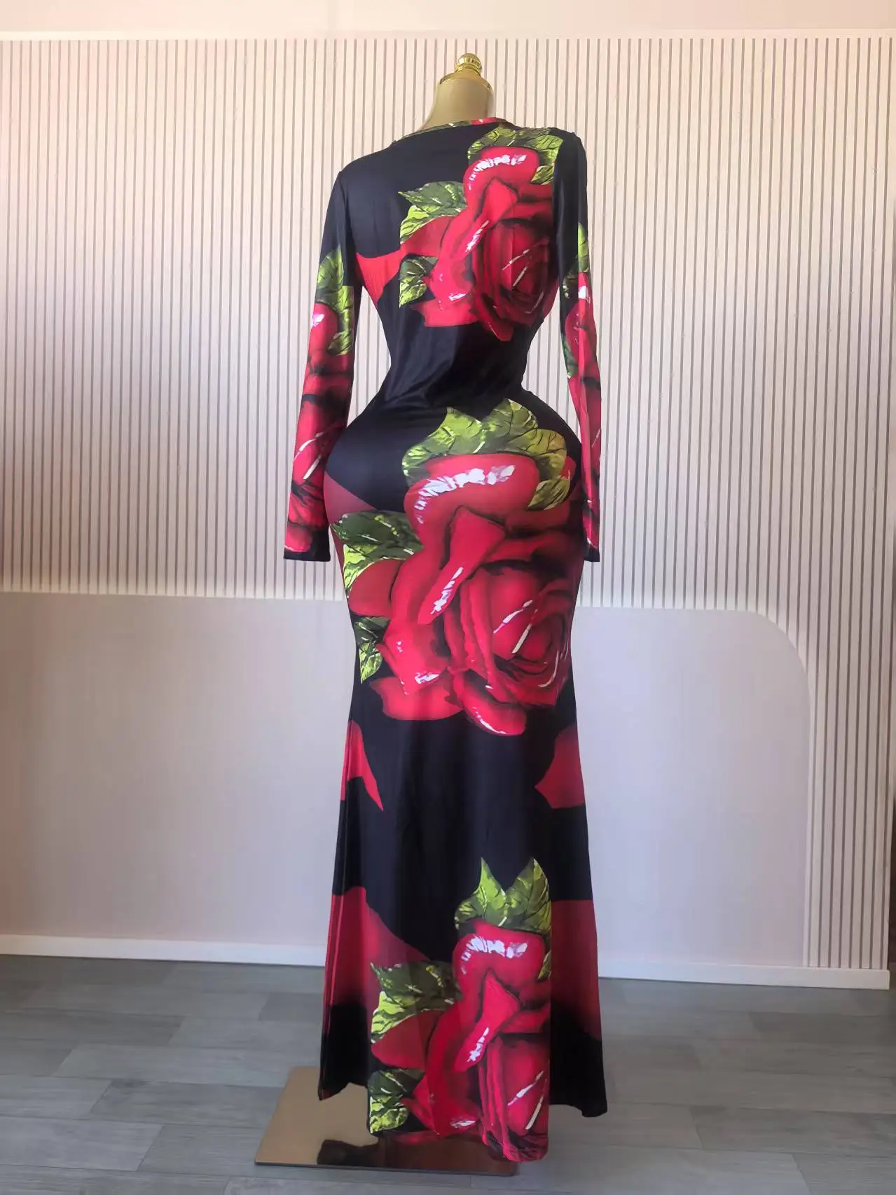 CM.YAYA Women Rose Printed Long Sleeve Pile Neck Bodycon Midi Maxi Long Dress 2025 Summer Birthday Vacation Sexy Party Dresses