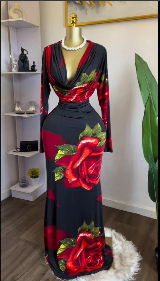 CM.YAYA Women Rose Printed Long Sleeve Pile Neck Bodycon Midi Maxi Long Dress 2025 Summer Birthday Vacation Sexy Party Dresses