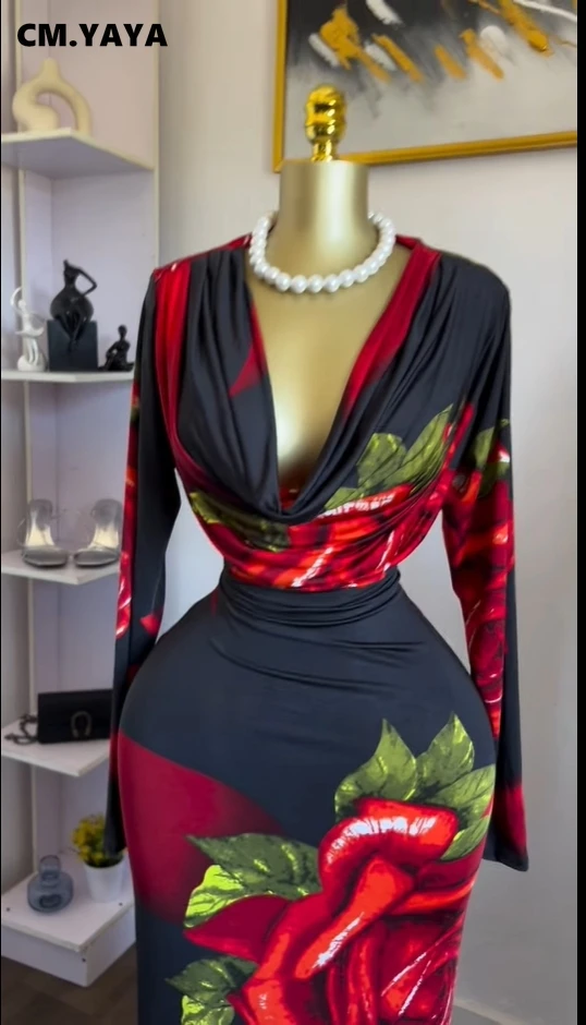 CM.YAYA Women Rose Printed Long Sleeve Pile Neck Bodycon Midi Maxi Long Dress 2025 Summer Birthday Vacation Sexy Party Dresses