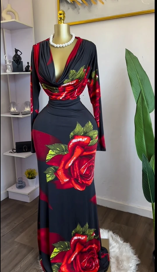 CM.YAYA Women Rose Printed Long Sleeve Pile Neck Bodycon Midi Maxi Long Dress 2025 Summer Birthday Vacation Sexy Party Dresses