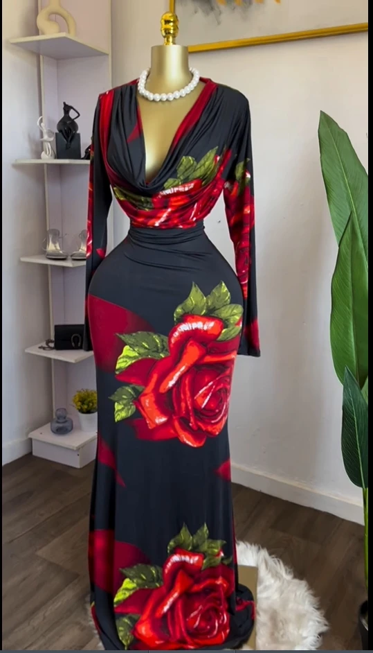 CM.YAYA Women Rose Printed Long Sleeve Pile Neck Bodycon Midi Maxi Long Dress 2025 Summer Birthday Vacation Sexy Party Dresses