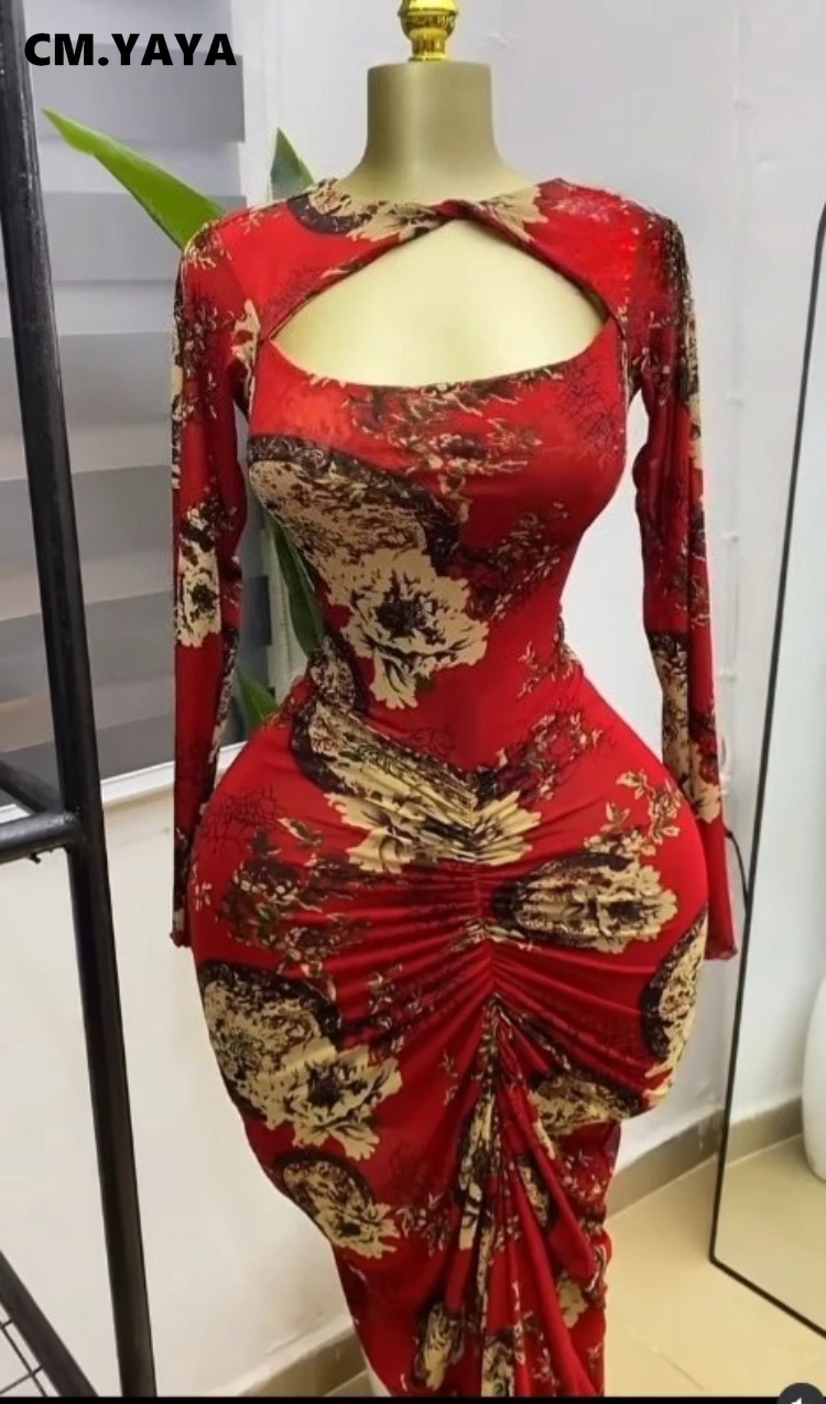 CM.YAYA Women Floral Printed Wrap Neck Cutout Stacked Ruched Midi Bodycon Maxi Dress Sexy Parties Birthday Holiday Long Dresses