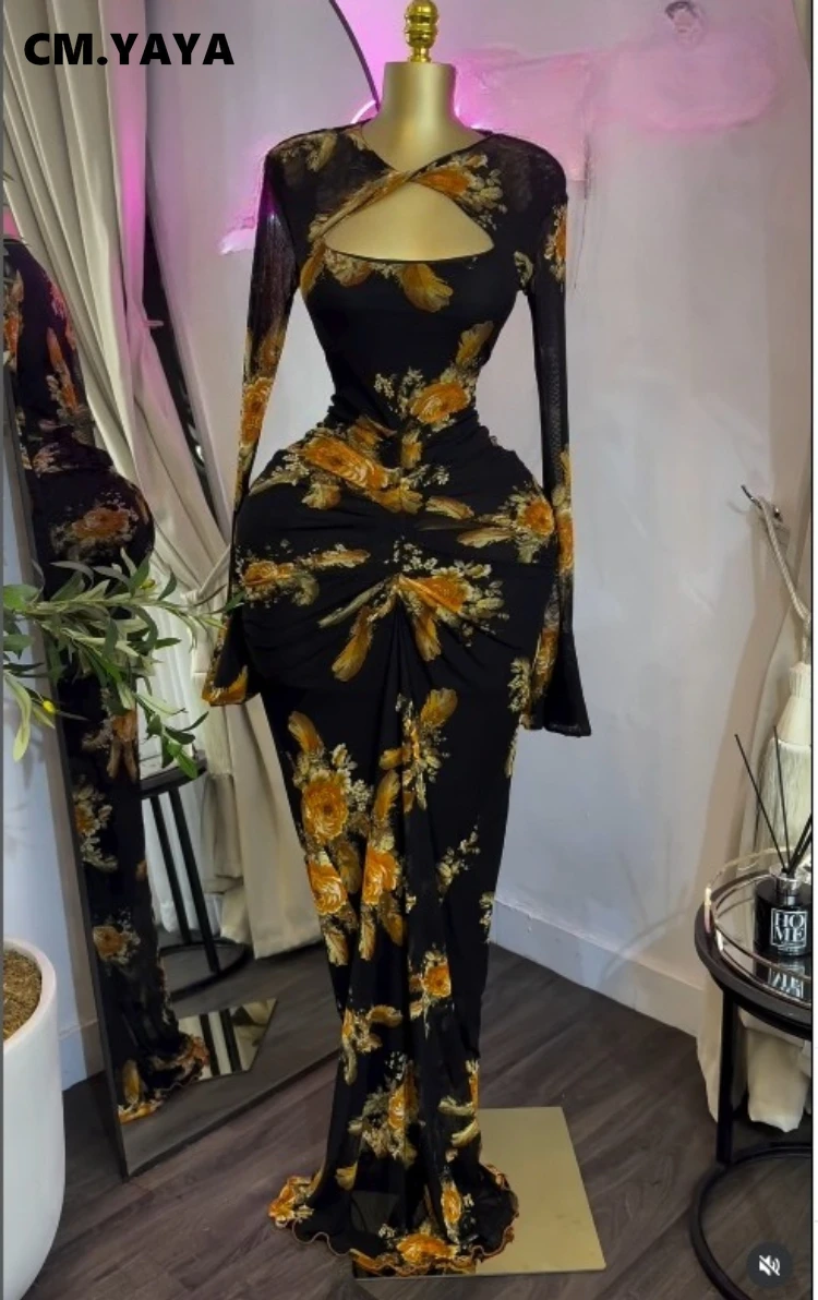 CM.YAYA Women Floral Printed Wrap Neck Cutout Stacked Ruched Midi Bodycon Maxi Dress Sexy Parties Birthday Holiday Long Dresses