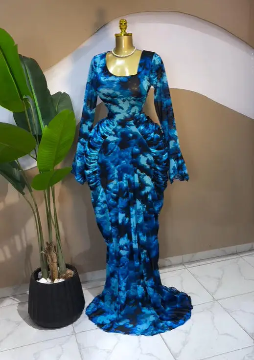 CM.YAYA Women Dot Printed Stacked Ruched Flare Long Sleeve Midi A-line Maxi Long Dress Birthday Party Education Trendy Dresses