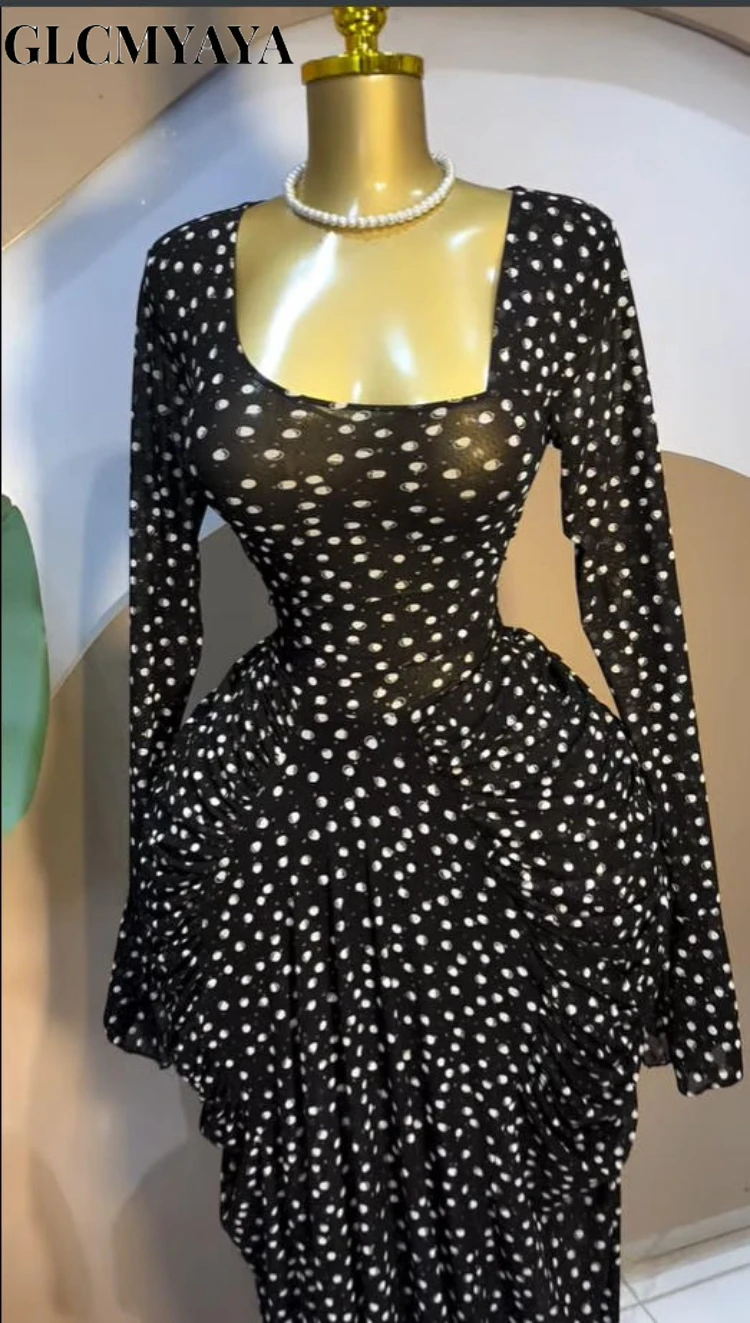 CM.YAYA Women Dot Printed Stacked Ruched Flare Long Sleeve Midi A-line Maxi Long Dress Birthday Party Education Trendy Dresses