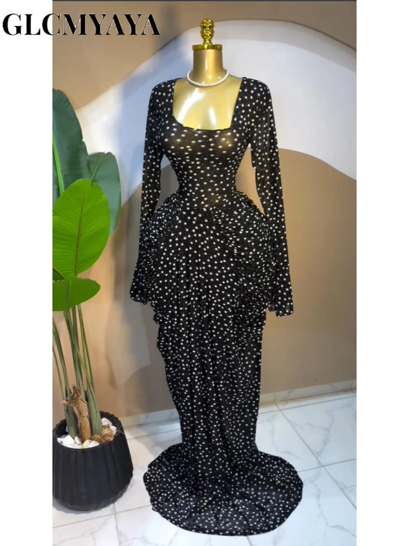 CM.YAYA Women Dot Printed Stacked Ruched Flare Long Sleeve Midi A-line Maxi Long Dress Birthday Party Education Trendy Dresses