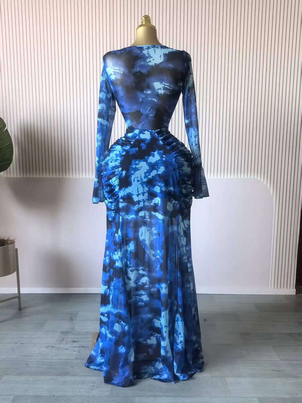 CM.YAYA Women Dot Printed Stacked Ruched Flare Long Sleeve Midi A-line Maxi Long Dress Birthday Party Education Trendy Dresses