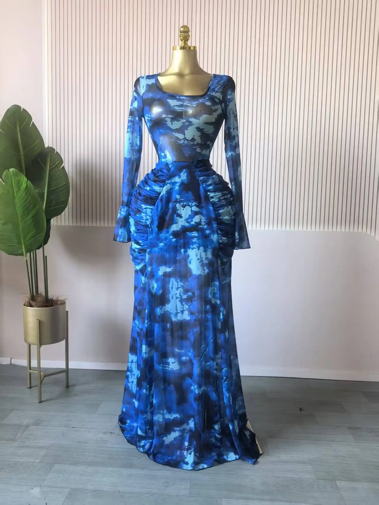 CM.YAYA Women Dot Printed Stacked Ruched Flare Long Sleeve Midi A-line Maxi Long Dress Birthday Party Education Trendy Dresses