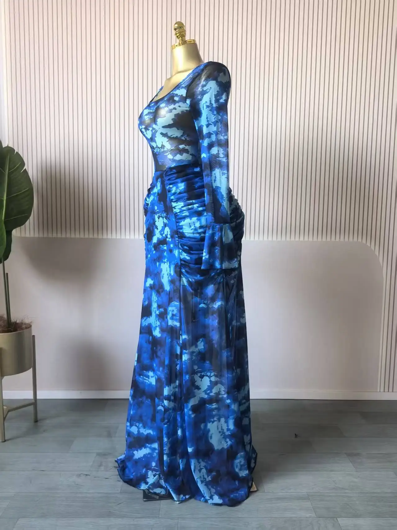 CM.YAYA Women Dot Printed Stacked Ruched Flare Long Sleeve Midi A-line Maxi Long Dress Birthday Party Education Trendy Dresses