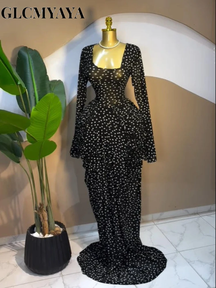 CM.YAYA Women Dot Printed Stacked Ruched Flare Long Sleeve Midi A-line Maxi Long Dress Birthday Party Education Trendy Dresses