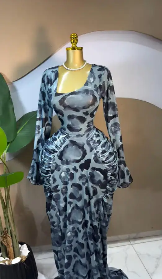 CM.YAYA Women Dot Printed Stacked Ruched Flare Long Sleeve Midi A-line Maxi Long Dress Birthday Party Education Trendy Dresses