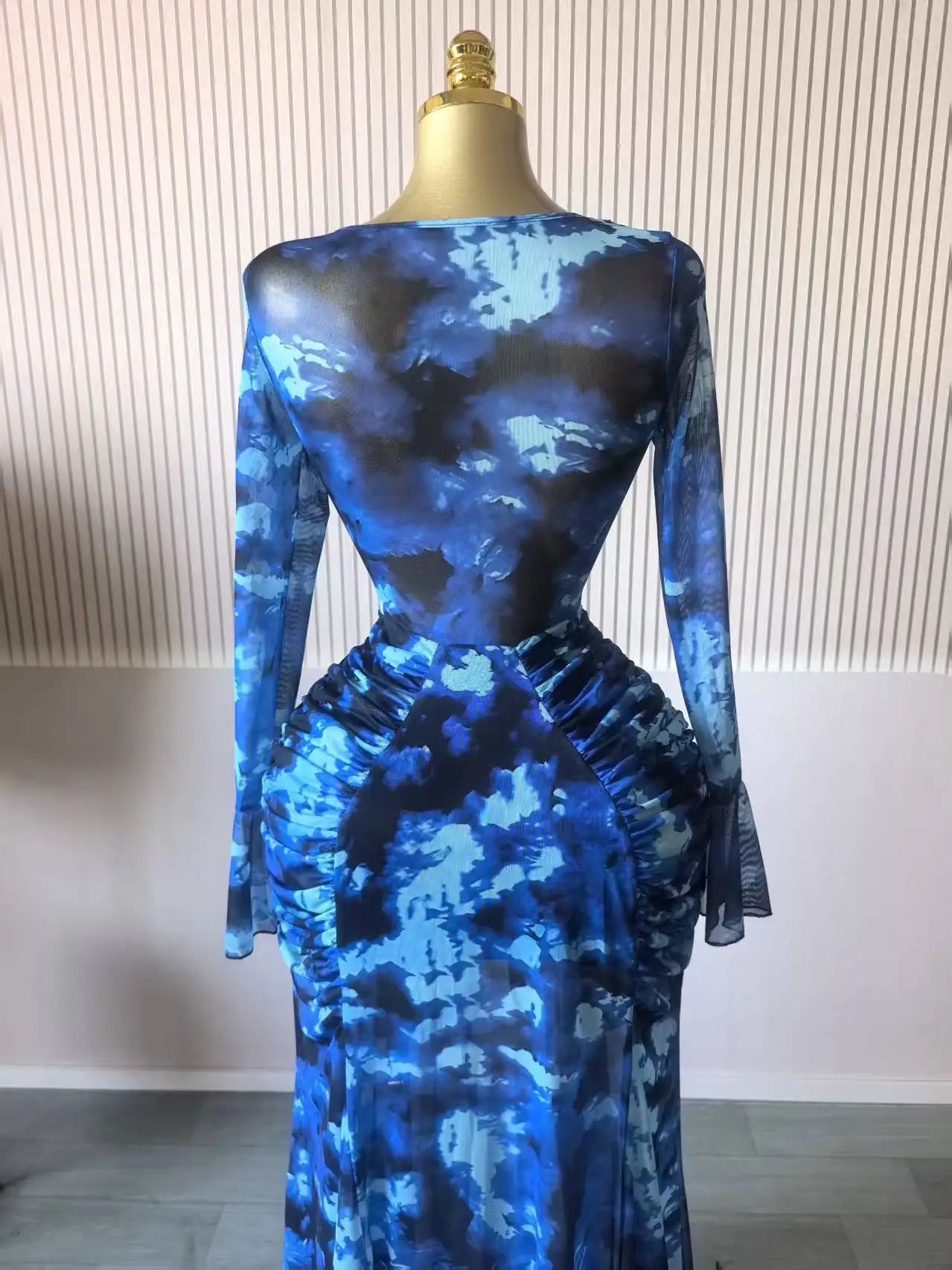 CM.YAYA Women Dot Printed Stacked Ruched Flare Long Sleeve Midi A-line Maxi Long Dress Birthday Party Education Trendy Dresses