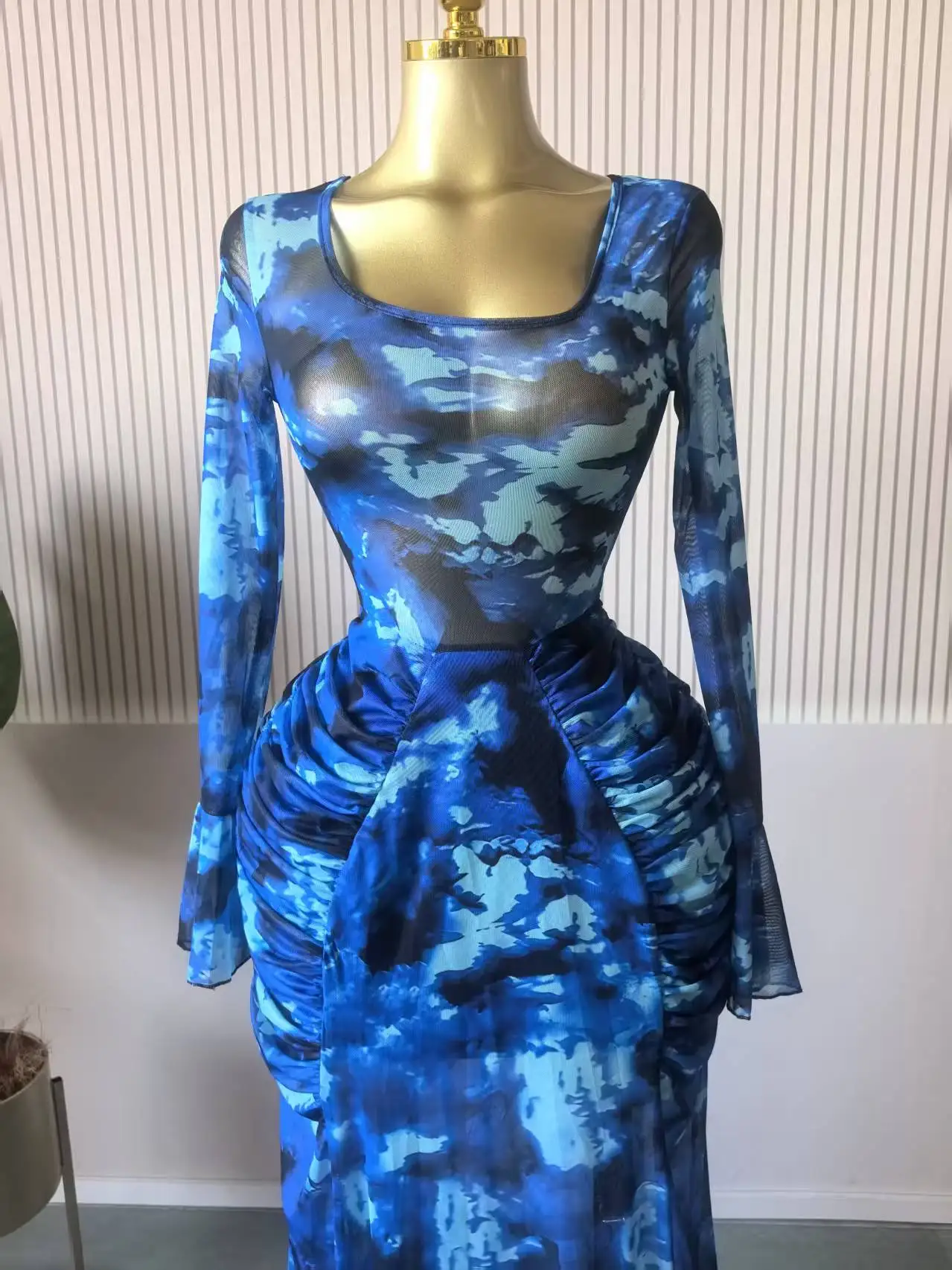 CM.YAYA Women Dot Printed Stacked Ruched Flare Long Sleeve Midi A-line Maxi Long Dress Birthday Party Education Trendy Dresses