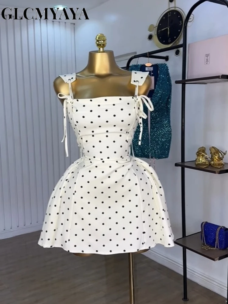 GLCMYAYA Women Dot Printed Slash Neck Tank A-line Smock Mini Dress 2025 Summer Vacation Holiday Party Birthday Dresses Vestiods