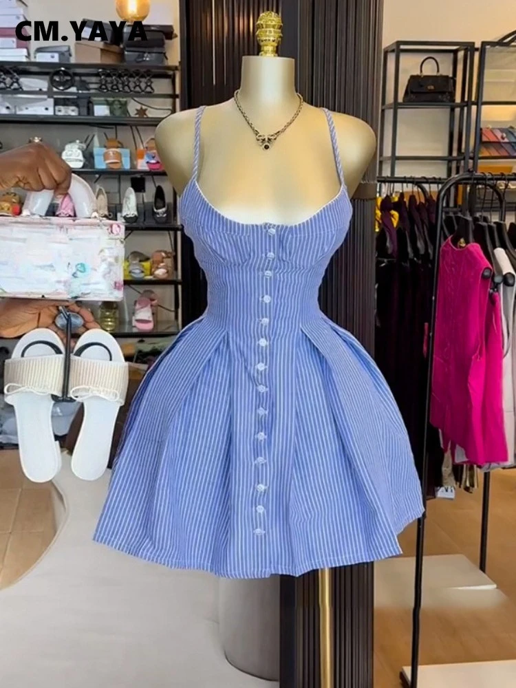 CM.YAYA Women Striped Print Strap Single-breasted Backless Mini Dress 2025 Summer Beach Birthday Sexy Club Party A-Line Dresses