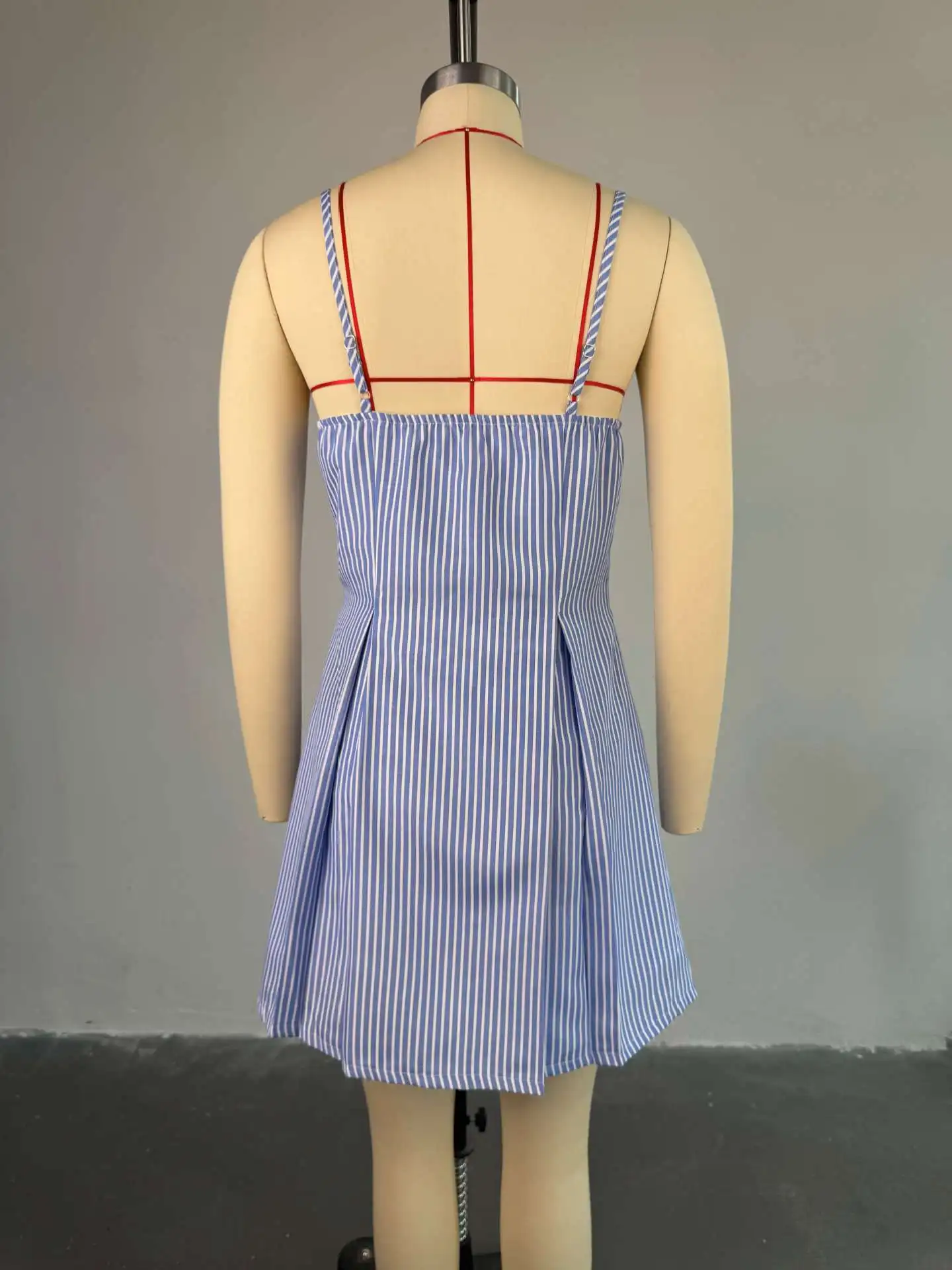 CM.YAYA Women Striped Print Strap Single-breasted Backless Mini Dress 2025 Summer Beach Birthday Sexy Club Party A-Line Dresses