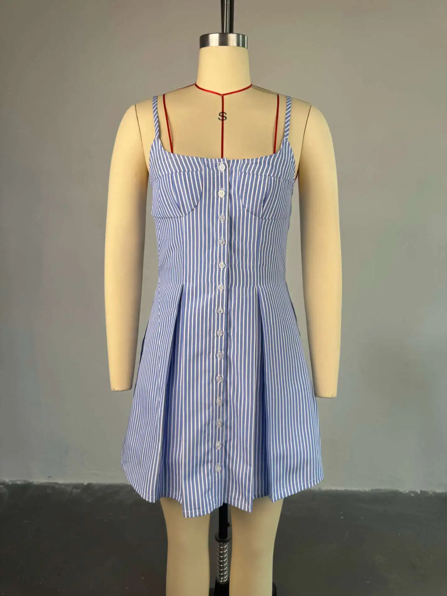 CM.YAYA Women Striped Print Strap Single-breasted Backless Mini Dress 2025 Summer Beach Birthday Sexy Club Party A-Line Dresses