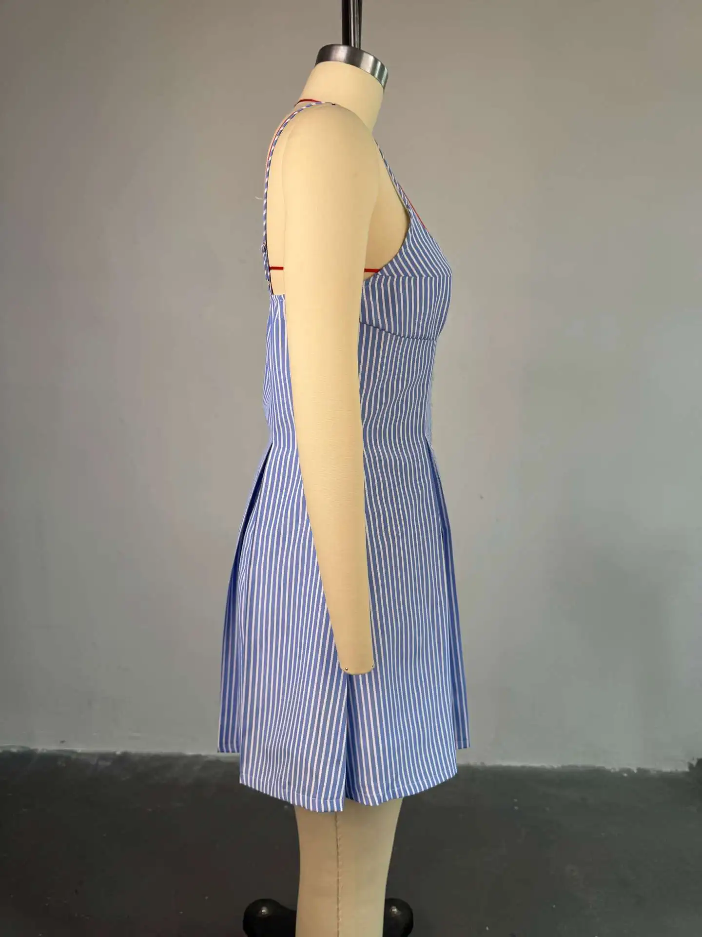 CM.YAYA Women Striped Print Strap Single-breasted Backless Mini Dress 2025 Summer Beach Birthday Sexy Club Party A-Line Dresses