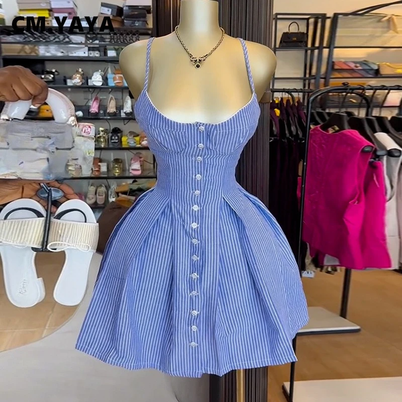 CM.YAYA Women Striped Print Strap Single-breasted Backless Mini Dress 2025 Summer Beach Birthday Sexy Club Party A-Line Dresses