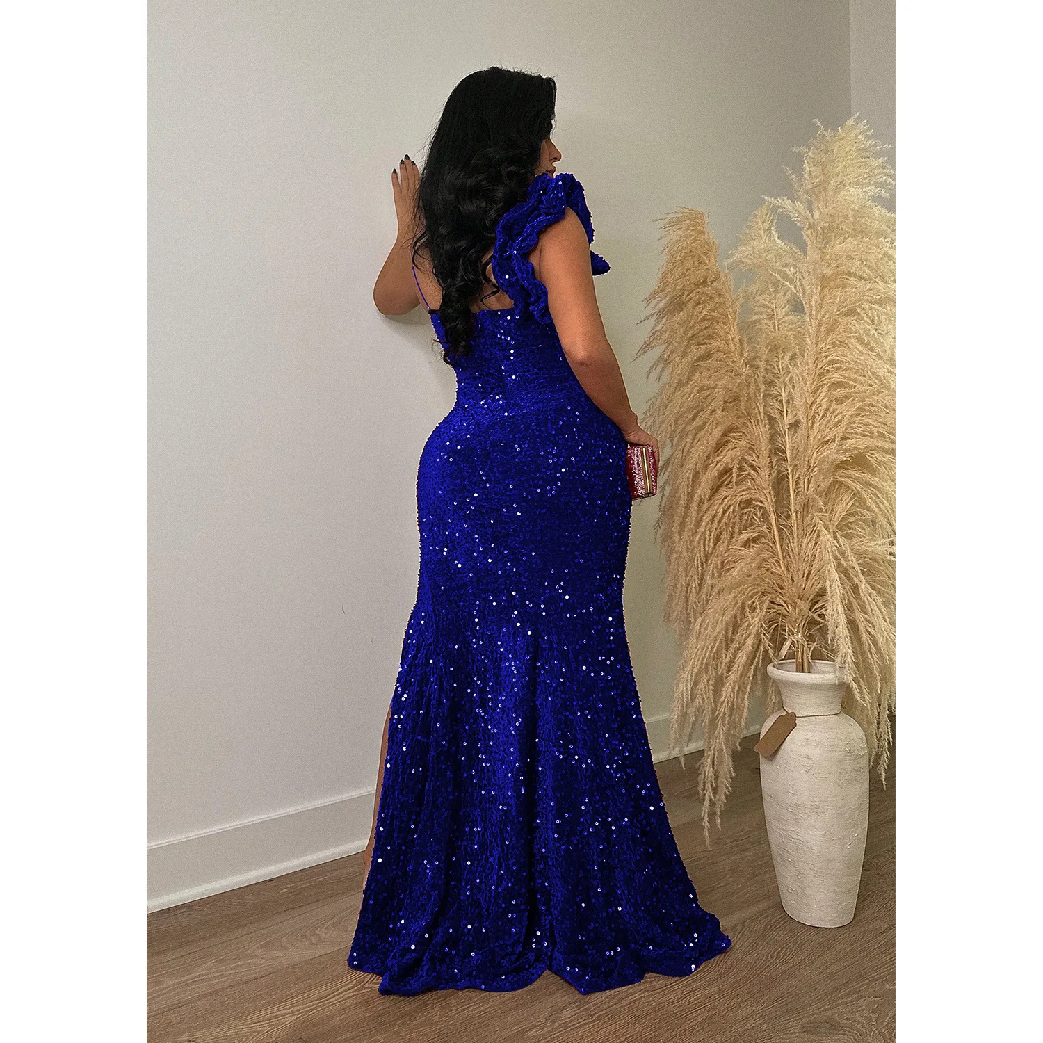 CM.YAYA Women One Shoulder Open Back Sequined High Side Split Mermaid Maxi Dress 2023 Sexy Club Evening Party Dresses Vestidos