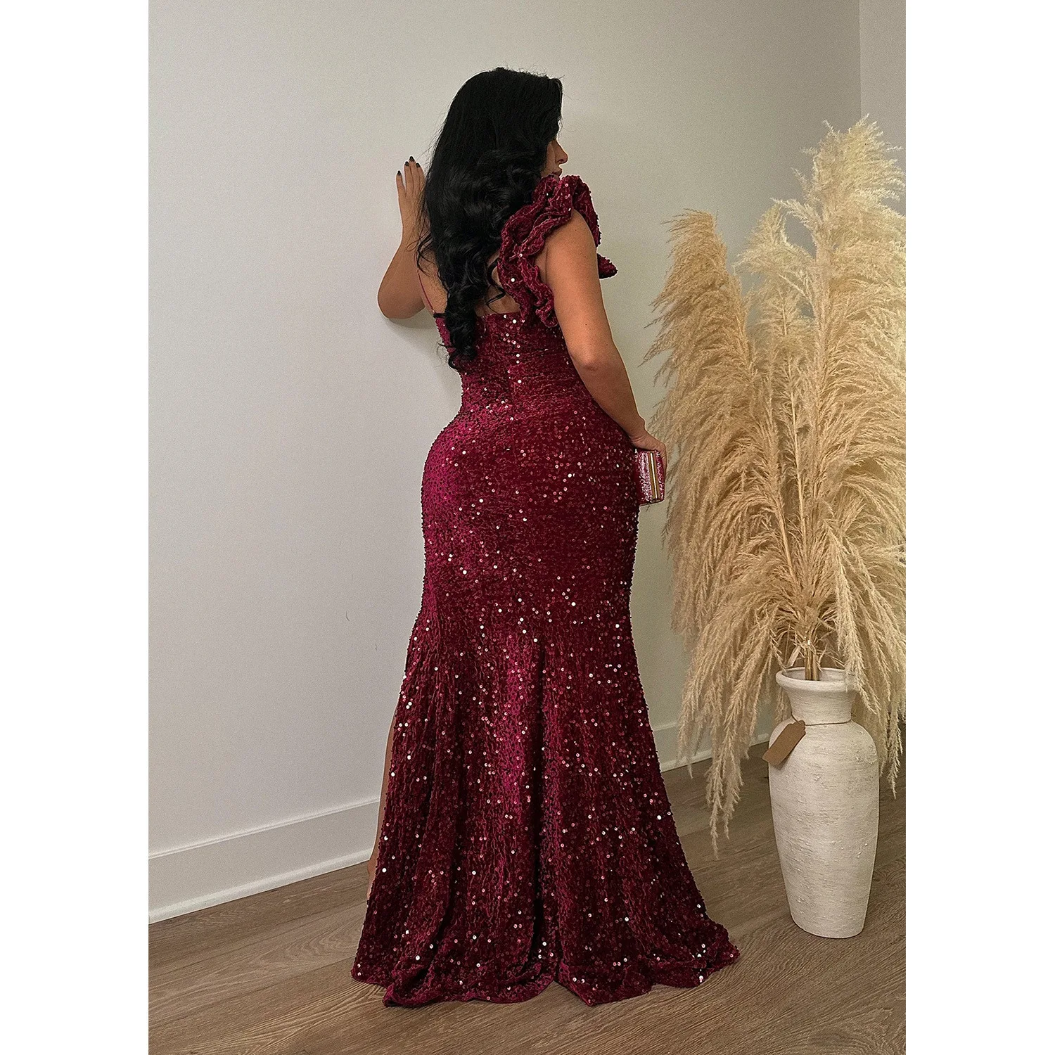 CM.YAYA Women One Shoulder Open Back Sequined High Side Split Mermaid Maxi Dress 2023 Sexy Club Evening Party Dresses Vestidos