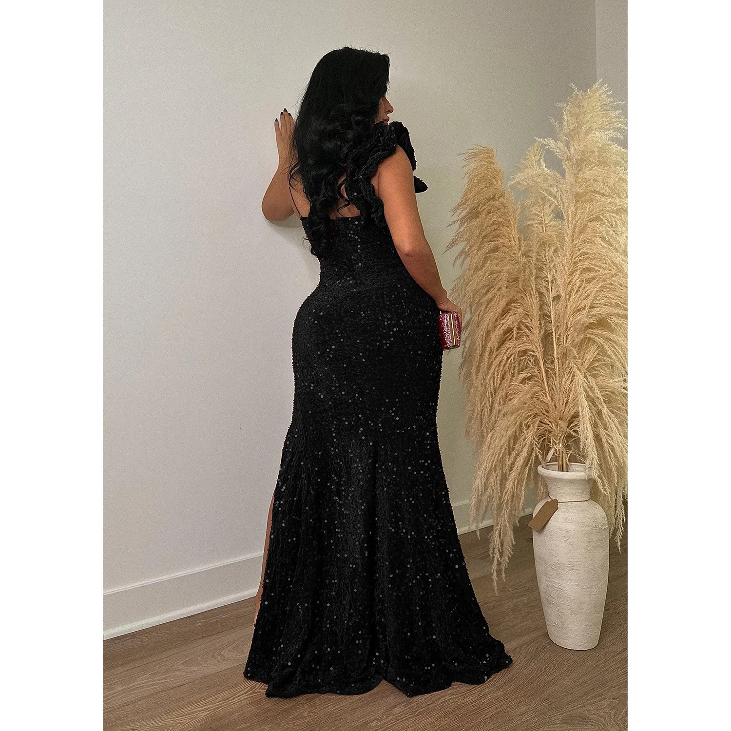 CM.YAYA Women One Shoulder Open Back Sequined High Side Split Mermaid Maxi Dress 2023 Sexy Club Evening Party Dresses Vestidos