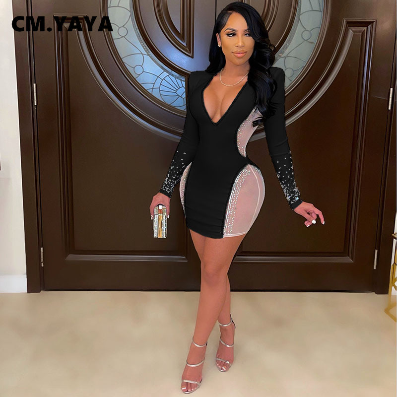 CM.YAYA Women Mini Dress Diamonds Mesh Patchwork Bodycon Dresses Cleavage Sexy Night Party Vestidos Fashion Outfit Autumn 2021