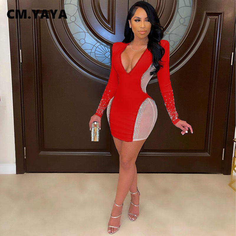 CM.YAYA Women Mini Dress Diamonds Mesh Patchwork Bodycon Dresses Cleavage Sexy Night Party Vestidos Fashion Outfit Autumn 2021