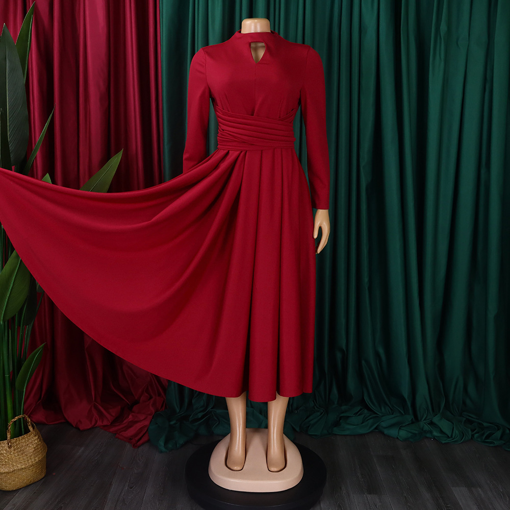 CM.YAYA Women Long Sleeve Draped High Waist Tunic Big Swing Maxi Dress 2023 OL Winter Street Vintage Ball Gown Dresses Vestidos