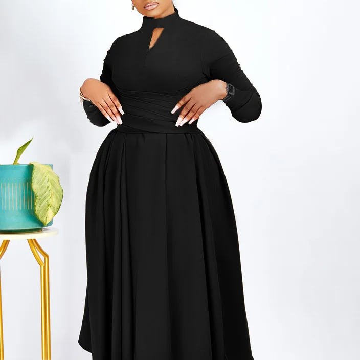 CM.YAYA Women Long Sleeve Draped High Waist Tunic Big Swing Maxi Dress 2023 OL Winter Street Vintage Ball Gown Dresses Vestidos