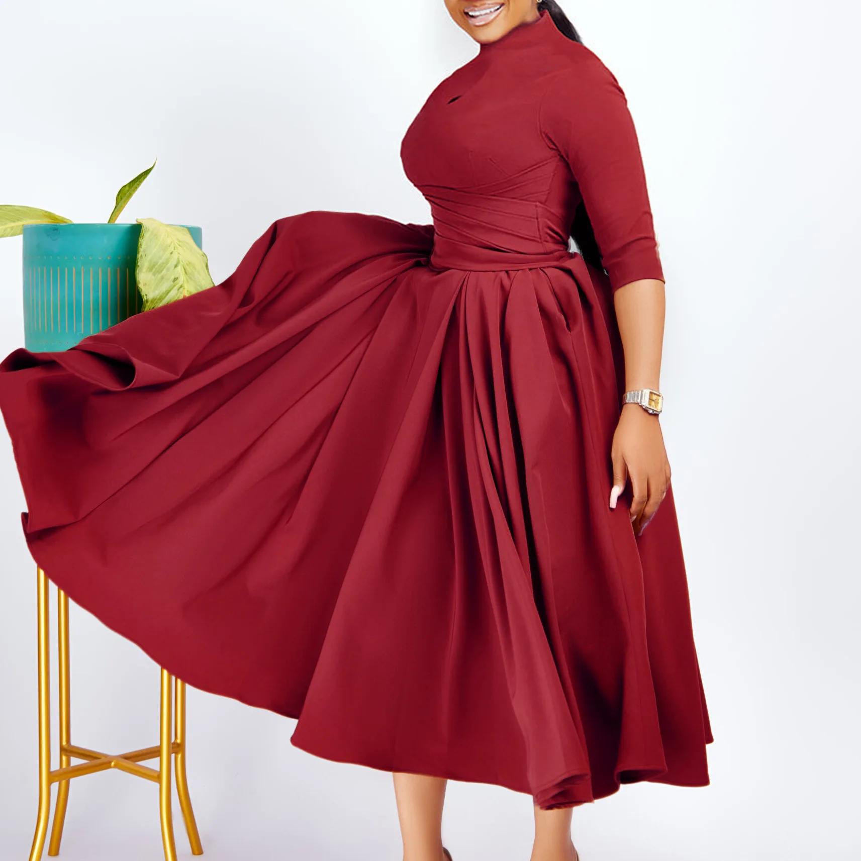 CM.YAYA Women Long Sleeve Draped High Waist Tunic Big Swing Maxi Dress 2023 OL Winter Street Vintage Ball Gown Dresses Vestidos